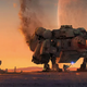 starfield concept art showing a space ship on a dusty planet at sunset